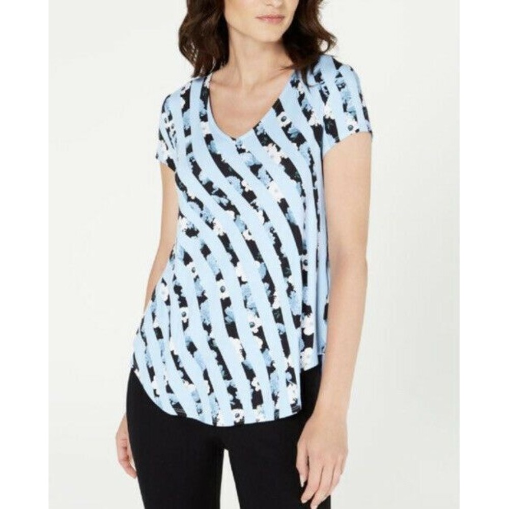 ALFANI Womens‎ Light Blue Printed Short Sleeve V Neck T-Shirt Size: S Small NWT